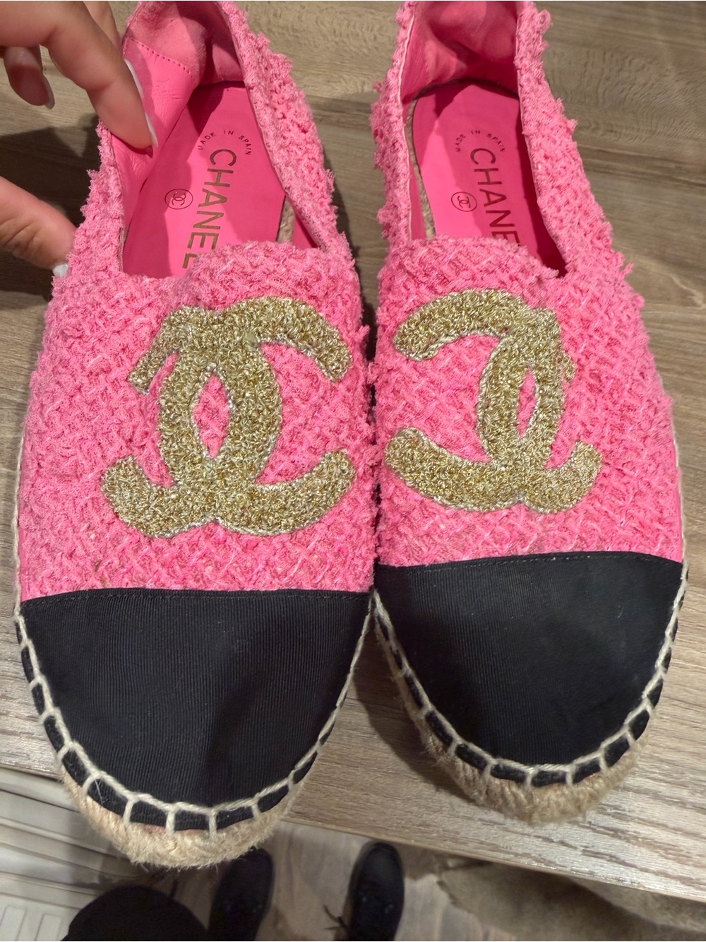 CHANEL Pink Tweed Espadrilles with Black Cap Toe and Gold CC